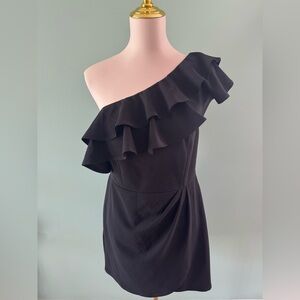 Elegant Black Ruffled Asymmetrical One-Shoulder Dress Size L